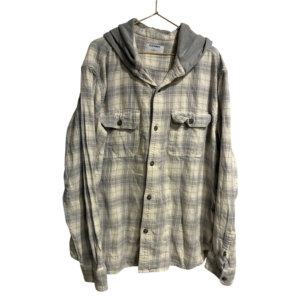 Old Navy Mens XL Double-Brushed Flannel Plaid Hooded Shirt Gray White